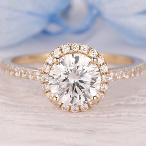 Art Deco Engagement Ring, 1CT Round Cut 6.5mm Moissanite Diamond Ring, Moissanite Halo Wedding Ring, 14k Solid Gold Ring, Women&#39;s Daily Ring