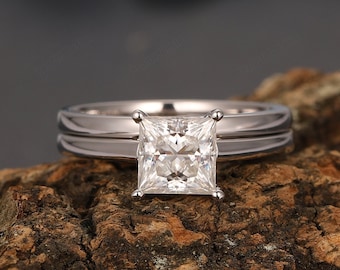 14k Gold Plain Gold Matching Band, Princess Cut 6mm Moissanite Ring, Simulated Diamond Wedding Set, Plain Gold Promise Ring, Bridal Ring Set