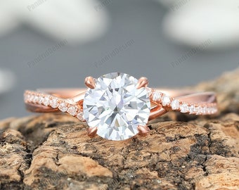 Unique Half Eternity DE Color Moissanite Ring for Women 14k Gold Twisted Vine Ring,Prong Set Petite Twist Moissanite Engagement Wedding Ring
