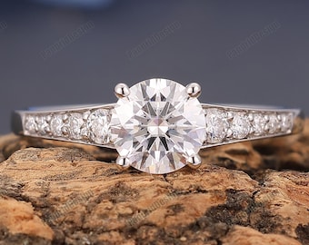 Solid Gold Moissanite Engagement Ring, Hidden Halo, Handmade 6mm Round Moissanite Jewelry