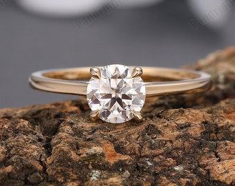 14k Solid Yellow Gold Moissanite Women&#39;s Ring, 1.0CT 6.5mm Round Moissanite Wedding Engagement Ring, Promise Ring, Simulated Diamond Ring