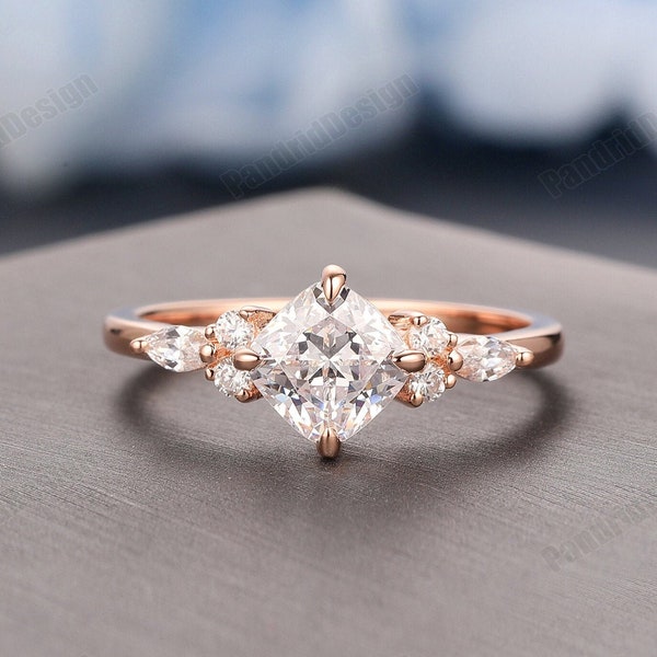 Handmade Jewelry Cushion Cut Lab Grown Diamond Anniversary Gifts,  Accents Marquise Cut Diamond Engagement Ring, Vintage Style Wedding Ring