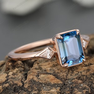 Bezel Emerald Cut 2.0CT London Blue Topaz Wedding Promise Ring, Antique Womens Ring Gold