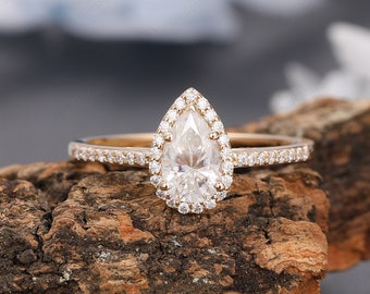 18k Gold Art Deco Moissanite Ring, Pear Cut 5x8mm Simulated Diamond Ring, Pave Set Ring, Wedding Ring, 14k Rose Gold Halo Engagemente Ring