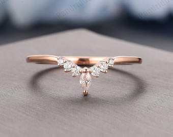 Anniversary Ring, Curved Moissanite Wedding Band, Crown Moissanite Matching Ring Band, Stacking Ring, Rose Gold Simulated Diamond Ring Set