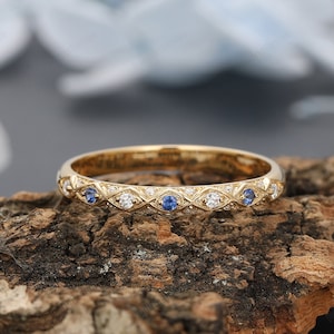 Art Deco Natural Sapphire Ring, Delicate Sapphire Wedding Band, Women&#39;s Daily Ring, Moissanite Wedding Band, Solid White Gold Sapphire Ring