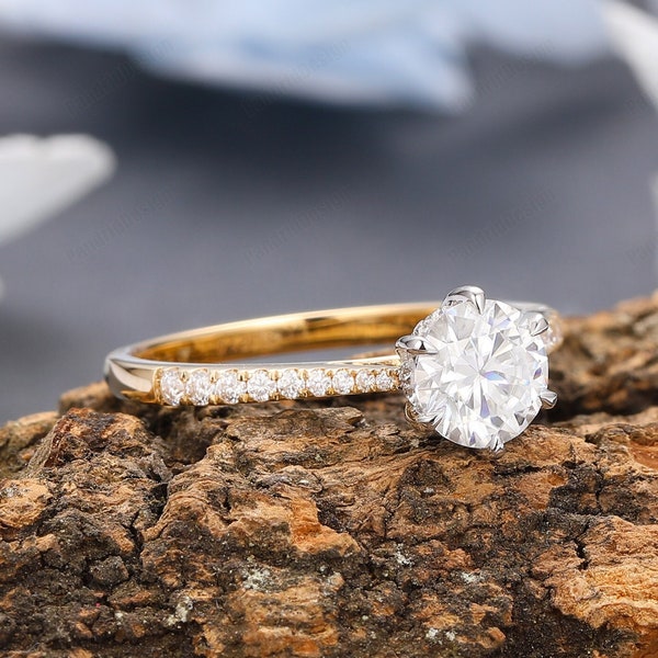 Solid White/Yellow/Rose Gold Bridge Accent Round Diamond Engagement Ring For Women, 2 Tone Gold IGI Certified Lab Grown Diamond Wedding Ring