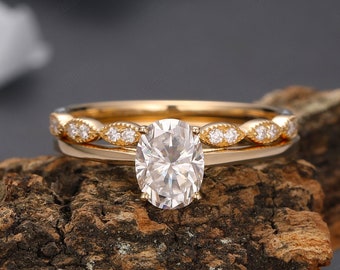 Solitaire Oval Cut 6x8mm Simulated Diamond Moissanite Bridal Sets Ring Solid Gold Wedding Set