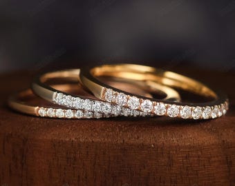 Minimalist Wedding Set Stackable Bridal Ring, Half Eternity Moissanite Diamond Wedding Band Solid Gold