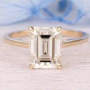 Emerald Lab Diamond Solitaire Ring Plain Band Emerald Cut Engagement Ring,Solitaire Minimalist Ring,Emerald Cut Lab Grown Diamond Gold Ring