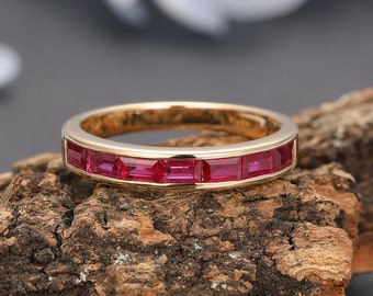 Baguette Cut 0.45ctw Natural Ruby Bezel Set Ring, 8 Stones Ruby Engagement Ring, Ruby Birthstone Ring, Solid Yellow Gold Wedding Band Ring