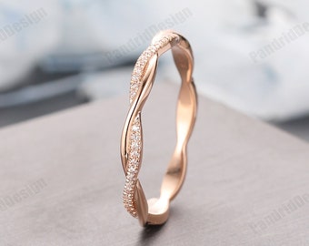 Twist Moissanite Ring Band, Class Style Women's Ring Rose gold, Moissanite Wedding Ring Band, Minimalist Simulated Diamond Stacking Ring