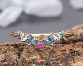 Aquamarine Stacking Ring, Tiara Ring,Curved Ring, Fire Red Opal Wedding Ring Band Solid Gold, Birthstone Ring,Alexandrite Matching Ring Band
