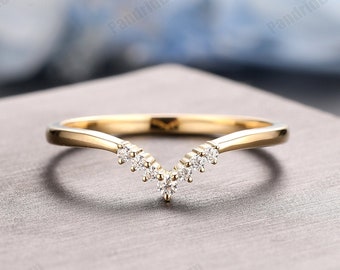 V Shape Design Natural Diamond Ring, Tiara Moissanite Wedding Band, Stacking Ring, Genuine Moissanite Matching Band, Solid Gold Wedding Band