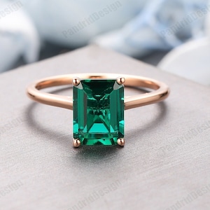 Solid Plain Gold Green Gemstone Ring, 3.0CT Emerald Engagement Ring, Women&#39;s Ring Emerald Jewelry, Solitaire Emerald Wedding Proposal Ring