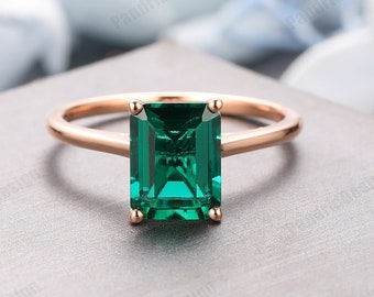 Solid Plain Gold Green Gemstone Ring, 3.0CT Emerald Engagement Ring, Women&#39;s Ring Emerald Jewelry, Solitaire Emerald Wedding Proposal Ring
