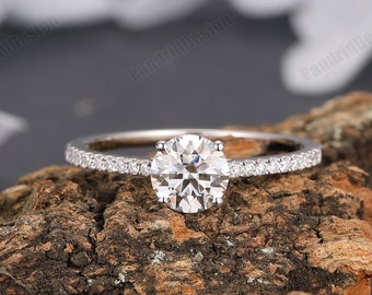 Solid Gold 1.00CT Moissanite Ring, Round 6.5mm Moissanite Ring, Moissanite Wedding Ring, Pave Simulated Diamond Promise Ring, Ring For Women