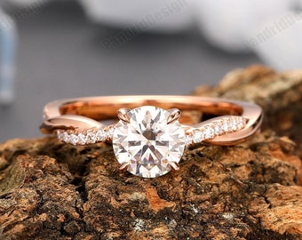 Promise Proposal Ring, Twist Band Design Ring, 7mm Round 1.25CT Genuine Moissanite Ring, Solid Rose Gold Minimalist Simulated Diamond Ring