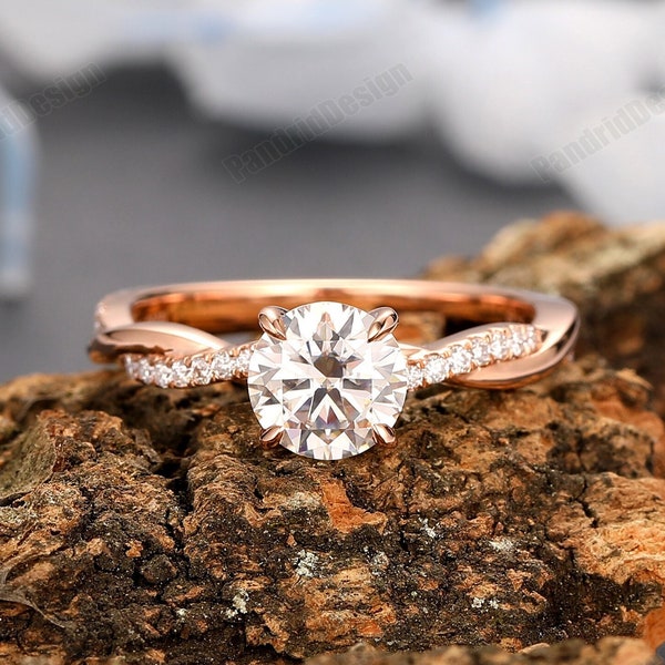 Promise Proposal Ring, Twist Band Design Ring, 7mm Round 1.25CT Genuine Moissanite Ring, Solid Rose Gold Minimalist Simulated Diamond Ring