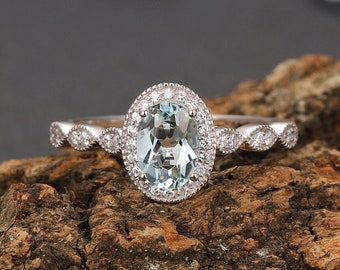 Handcrafted Milgrain Engagement Ring, 5x7mm 1.0CT Oval Cut Natural Aquamarine Ring, Accents Simulated Diamond 14K Rose Gold Wedding Ring