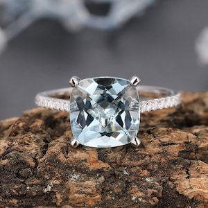 3.5CT 9mm Cushion Cut Natural Aquamarine Proposal Ring, Blue Gemstone Women&#39;s Ring, 14k Solid Gold Aquamarine Ring, Antique  Engagement Ring