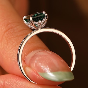 14k Solid Gold Long Emerald Cut Green Emerald Gemstone Handmade Fine Jewelry For Her,Unique Art Deco Hidden Halo May Birthstone Ring Jewelry