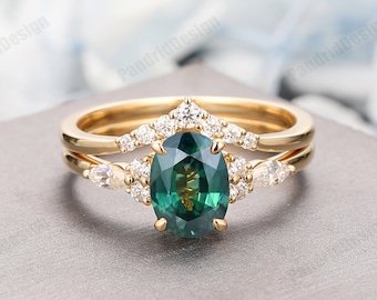 Natural Sapphire Ring Set, Green Blue Gemstone Engagement Ring Set, 1.5CT Oval Natural Teal Sapphire Bridal Set Solid Rose Gold, Wedding Set