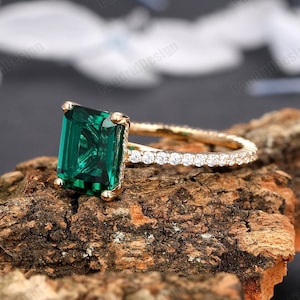 Full Eternity Birthstone Ring, 7x9mm Emerald Cut 3.00CT Emerald Ring, Women Emerald Hidden Halo Ring, Solid 14k 18k Yellow Gold Emerald Ring