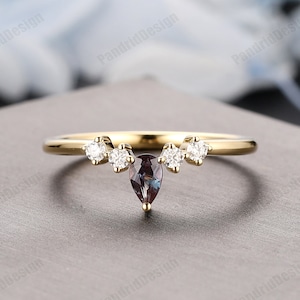 Alexandrite Wedding Ring Band, Ring Enhancer, Moissanite Diamond Stacking Ring Rose Gold,Daily Ring, Matching Ring Band, Curved Ring Guard