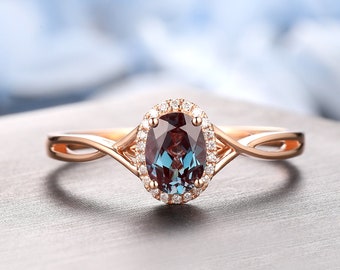 Cross Band Design Alexandrite Ring, Oval 1.00CT Alexandrite Engagement Ring, Real Diamond Accents Rose Gold Ring, Alexandrite Ring For Her