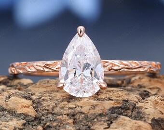Pear Cut 1.5CT D Color Moissanite Engagement Ring, Nature Inspired Statememnt Proposal Ring