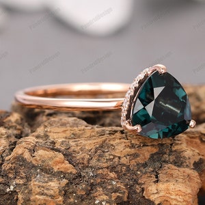 Unique Handmade Teal Sapphire Engagement Ring, Danity Solid 14k Gold Ring, Dark Green Sapphire Diamond Wedding Promise Ring Anniversary Ring