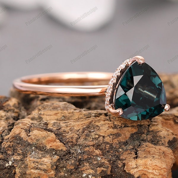 Einzigartiger handgemachter blaugrüner Saphir-Verlobungsring, Danity massiv 14k Goldring, dunkelgrüner Saphir Diamant Hochzeitsversprechen Ring Jubiläumsring