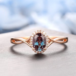 Cross Band Design Alexandrite Ring, Oval 1.00CT Alexandrite Engagement Ring, Real Diamond Accents Rose Gold Ring, Alexandrite Ring For Her