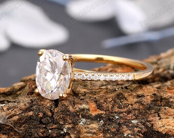 Moissanite Engagement Ring, 2.00ct Oval Cut 7x9mm Moissanite Ring, Solid Gold Half Eternity Proposal Ring, Minimalist Simulated Diamond Ring