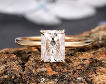 Excellent Radiant Cut 6x8mm Moissanite Engagement Ring, Solid 14K Yellow Gold Simulated Diamonds Ring, Unique Women Daily Ring, Wedding Ring