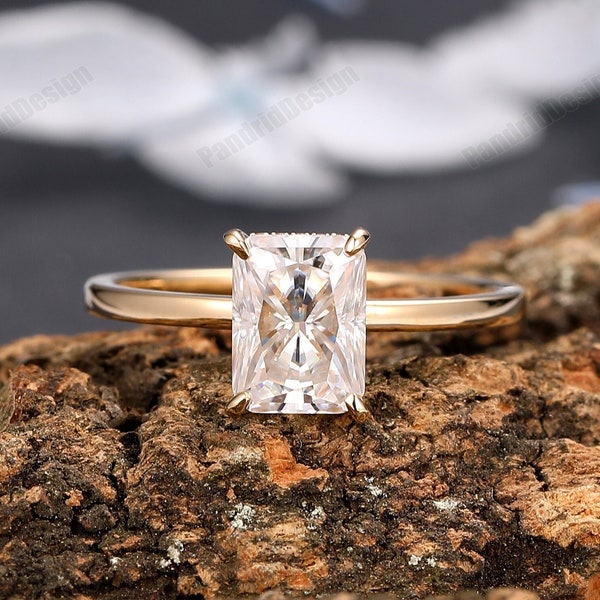 Excellent Radiant Cut 6x8mm Moissanite Engagement Ring, Solid 14K Yellow Gold Moissanite Lab Diamonds Ring, Unique Women Daily Wedding Ring