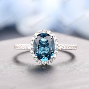 London Blue Topaz Engagement Ring, Oval Cut 6x8mm Natural London Blue Topaz Ring, 14K 18K Gold Ring, Blue Topaz Promise Ring, Ring For Women