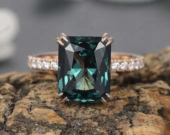 1-4CT Radiant Cut Teal Sapphire Engagement Ring, Double Prong Vintage Half Eternity Blue-Green Sapphire Wedding Anniversary Gift for Women