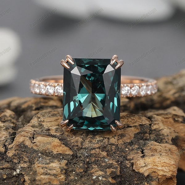 1-4CT Radiant Cut Teal Sapphire Engagement Ring, Double Prong Vintage Half Eternity Blue-Green Sapphire Wedding Anniversary Gift for Women