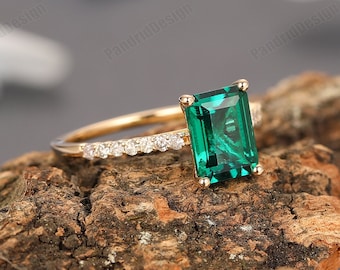 Gemstone Ring, 6x8mm Emerald Cut Lab Created Emerald Ring, Solid 14K Gold Ring, Engagement Ring, Simulated Diamond Ring, Wedding Set Ring