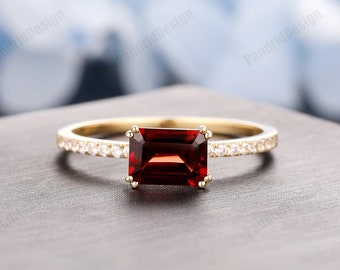 Art Deco Garnet Engagement Ring, Emerald Cut 5x7mm Natural Red Garnet Ring, Solid 14k Gold Accents Garnet Ring, Vintage Garnet Promise Ring