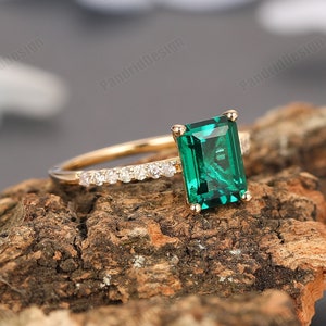 Gemstone Ring, 6x8mm Emerald Cut Lab Created Emerald Ring, Solid 14K Gold Ring, Engagement Ring, Simulated Diamond Ring, Wedding Set Ring
