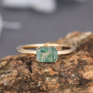 Horizontal Emerald Cut Moss Agate Rings For Women, 1.00CT 5x7mm Green Moss Agate Ring, Dainty Ring, Solid 18k  Gold Engagement Wedding Rings