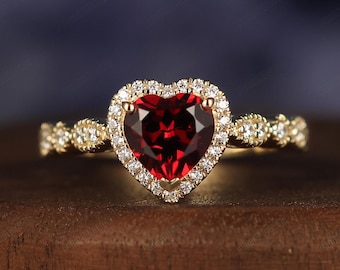 Antique Handcrafted Halo Style Heart Cut 6.5mm Red Garnet Ring, Solid Gold Half Eternity Promise Ring, Natural Garnet Engagement Ring Gift