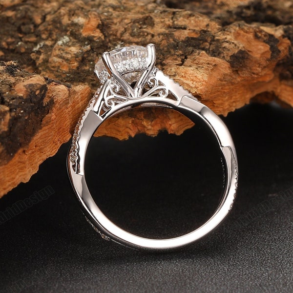 Moissanite Filigree Wedding Ring, Vintage Unique Twist Band Design 7mm Round 1.25CT Real Moissanite Simulated Diamond Promise Proposal Ring