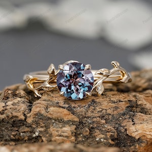 June Birthstone Alexandrite Engagement Ring 14k Gold Solitaire Ring Unique Leaf Floral Vine Twig Branch Nature Inspired Ring Ladies Jewelry