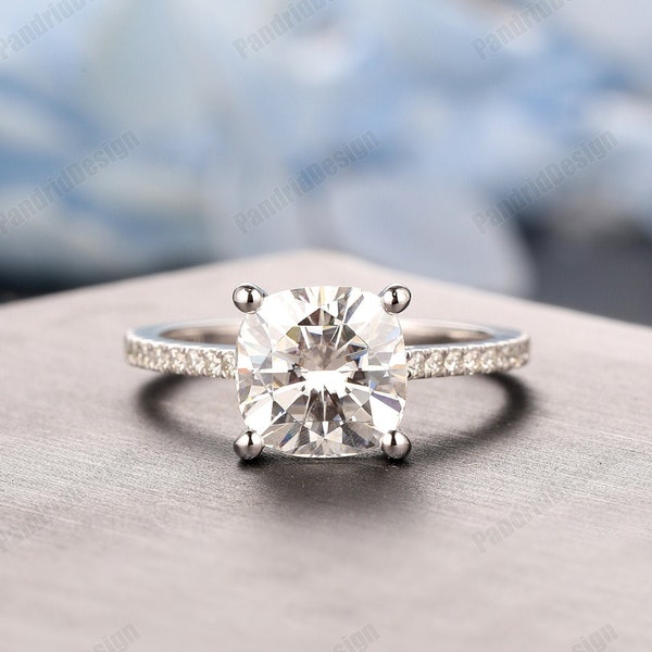 Diamond Basket Ring for Women, Certified Diamond Hidden Halo Diamond Engagement Ring, 1/2 to 3 ct Cushion Cut Lab Grown Diamond Wedding Ring