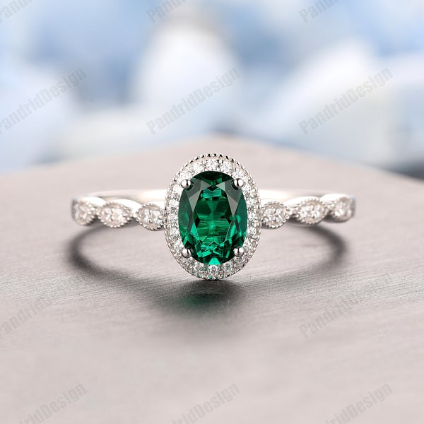 Halo 5x7mm Oval Cut Lab Created Emerald Ring, Wedding Ring, Solid Gold Ring, Simulated Diamond Ring, Engagement Ring, Milgrain Gemstone Ring