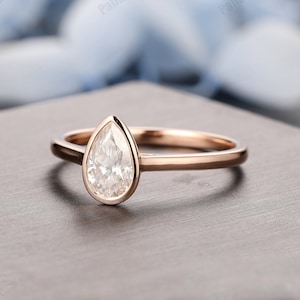 Solitaire Promise Ring, Pear Cut 5x8mm Simulated Diamond Ring, Moissanite  Wedding Ring, 14k Rose Gold Moissanite Bezel Set Engagement Ring